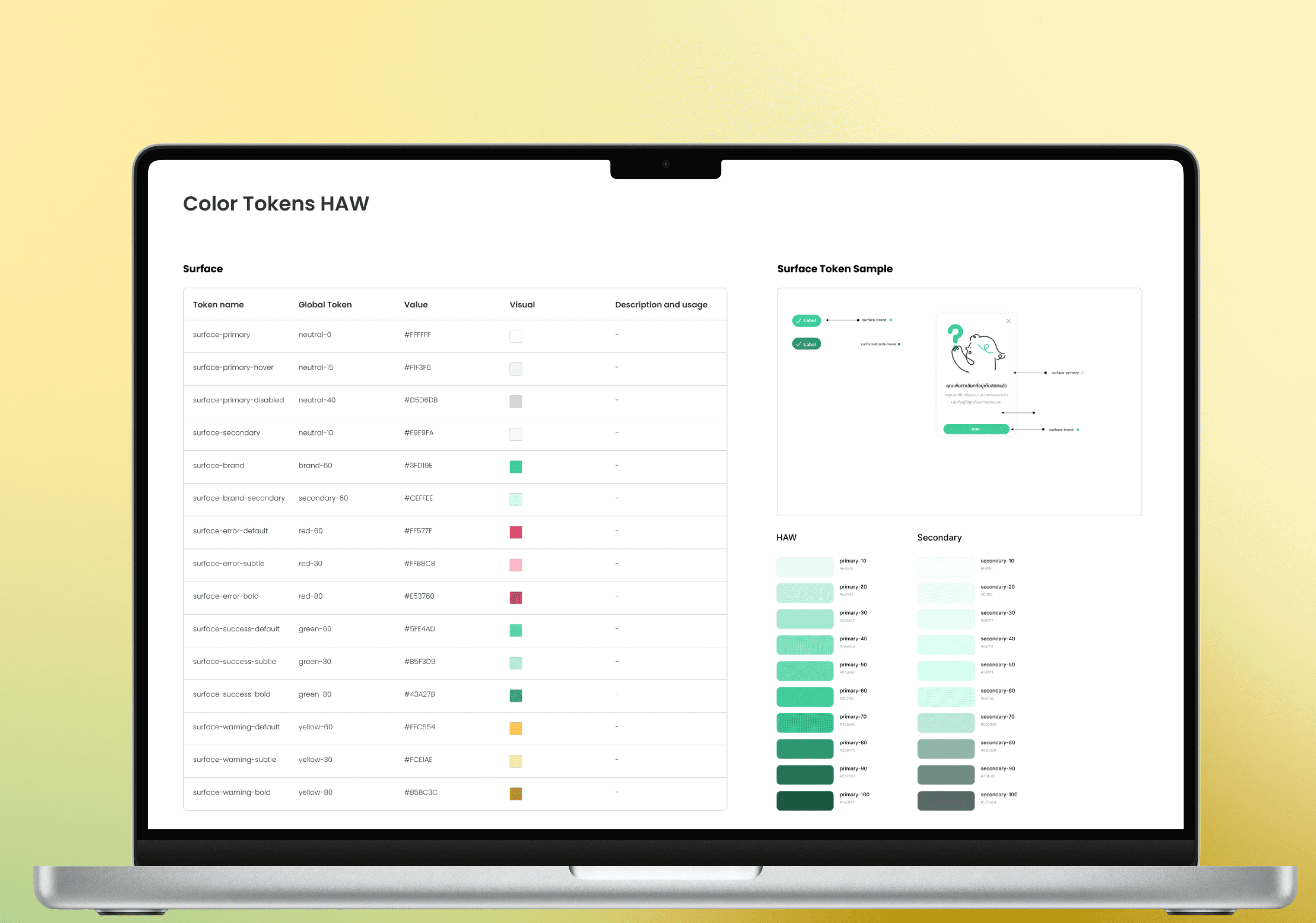 HAW design tokens and interface examples displayed on a MacBook against a yellow and green background
