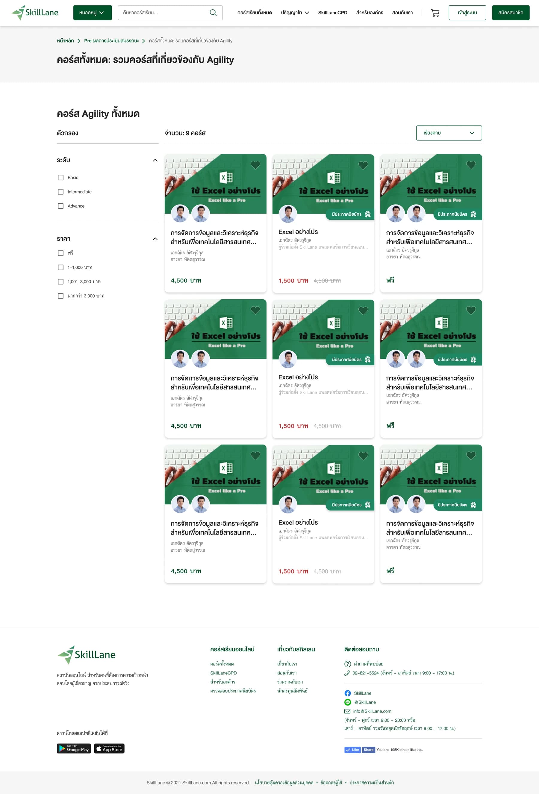 Courses for Agility with level filters, price filters, and sorting