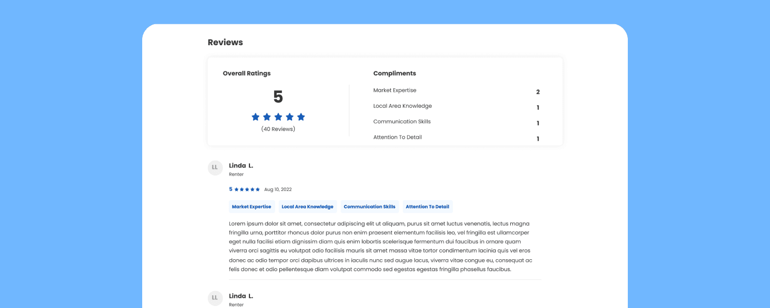 RentSpree agent profile showing ratings, compliments, and client reviews