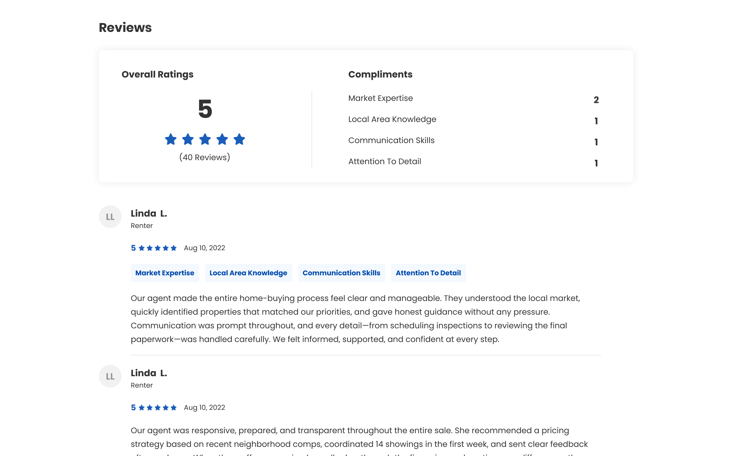 Agent profile reviews showing the overall rating, compliments, and written client feedback