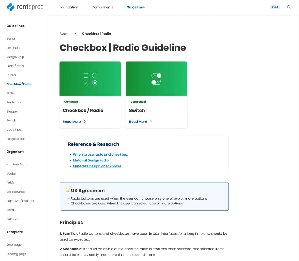 Checkbox and radio guideline page with references and UX agreements