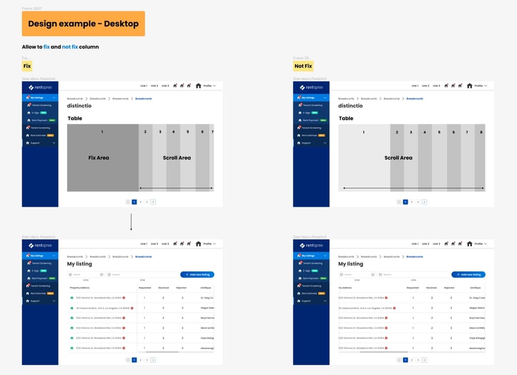 Desktop table layouts comparing fixed and scrolling columns
