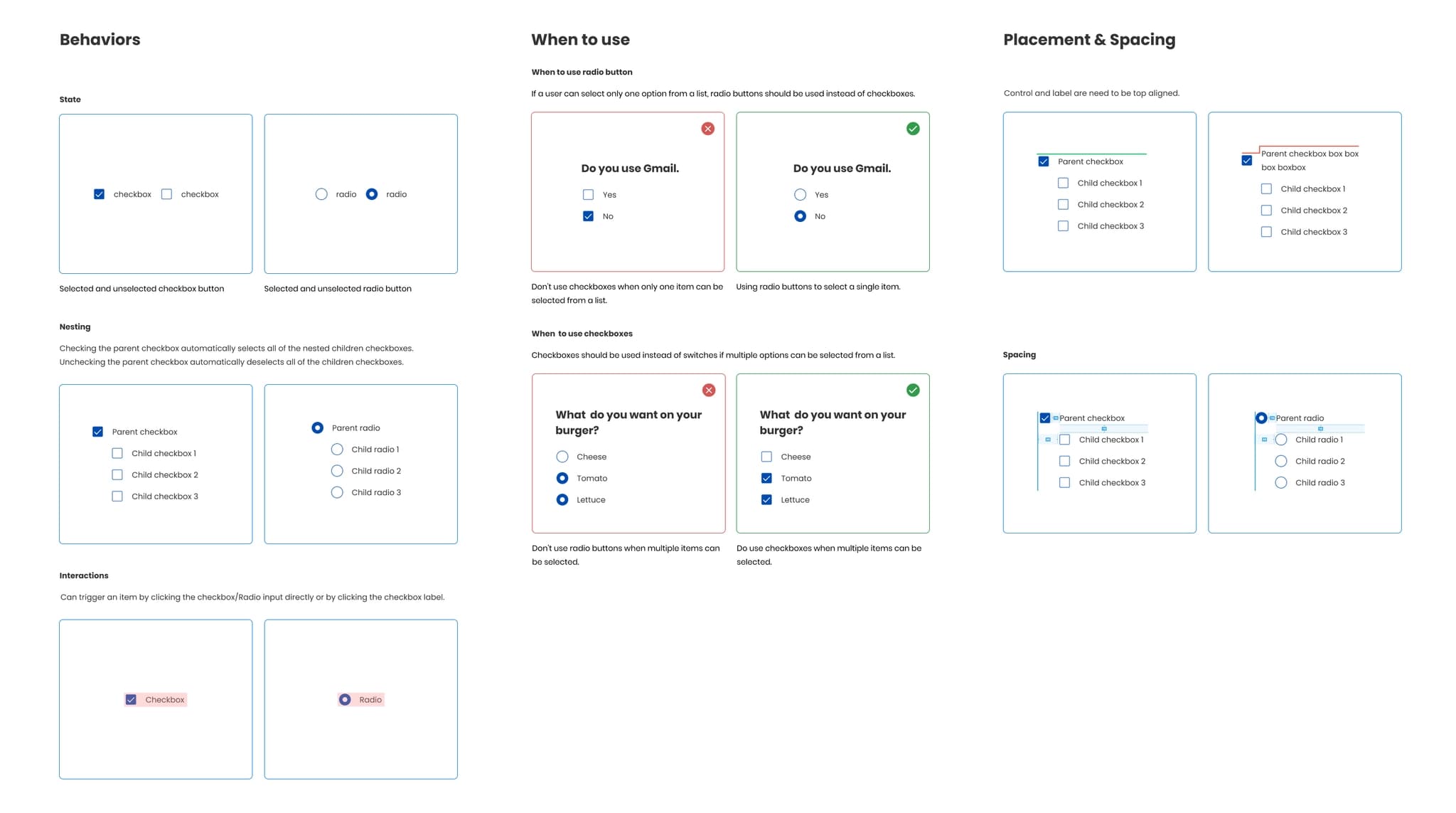 Checkbox and radio behavior, usage, alignment, and spacing examples