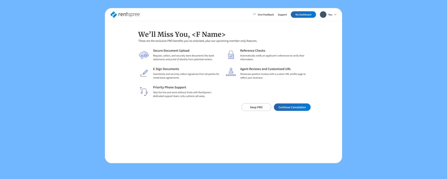 RentSpree subscription offboarding screens