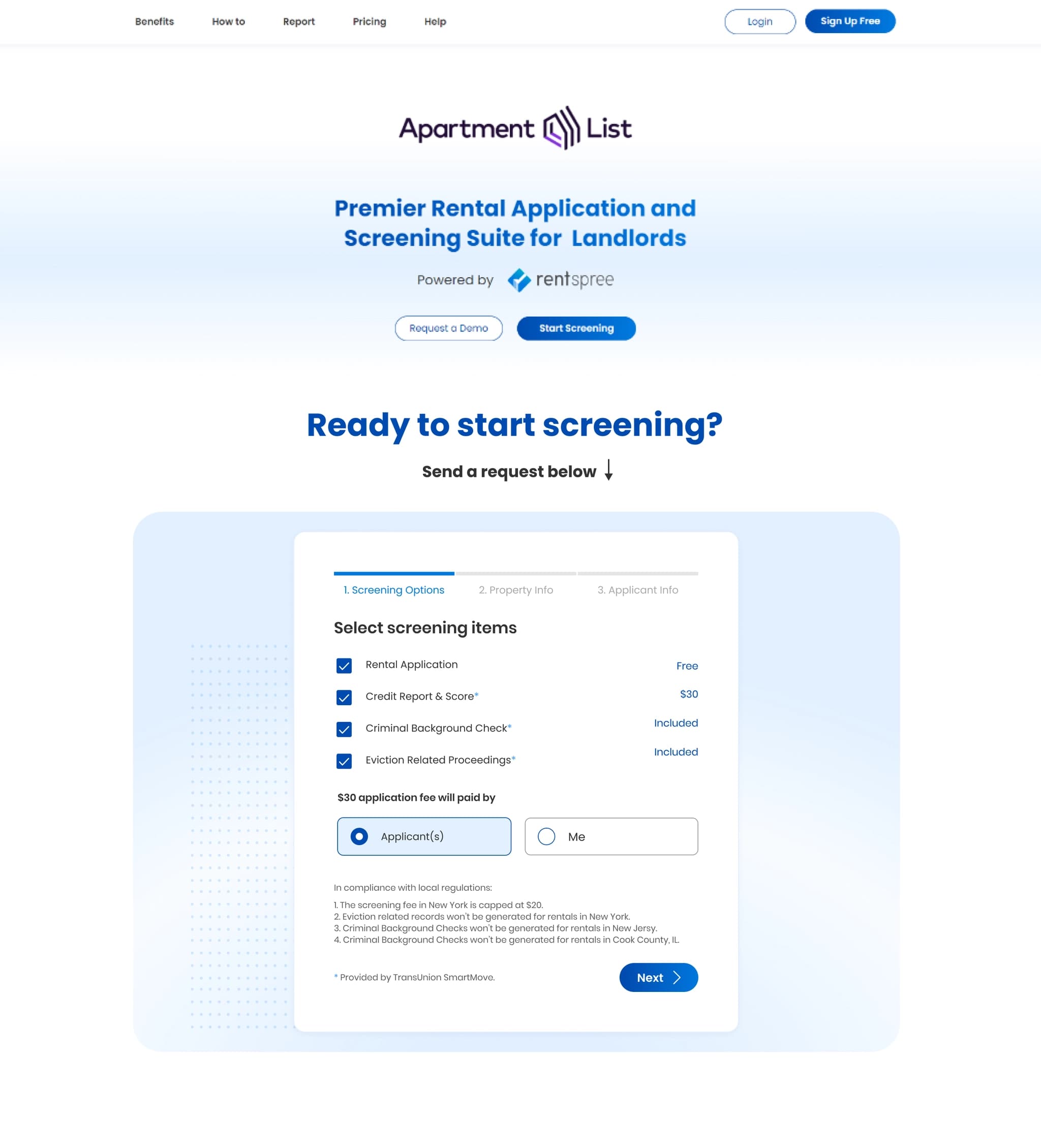 Launched Apartment List page with screening options and the Next button